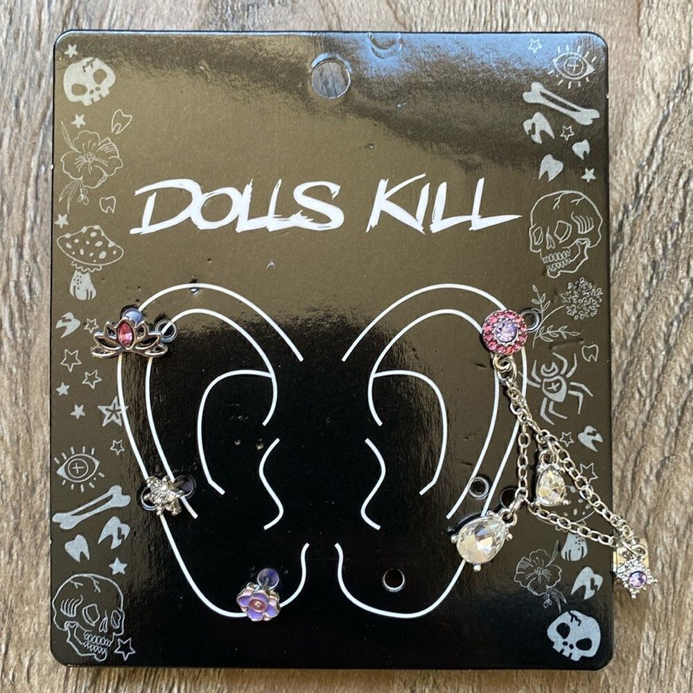 Dolls Kill Multi Piercing Whimsical Stud Earrings w Chain Drop Crystal Earrings